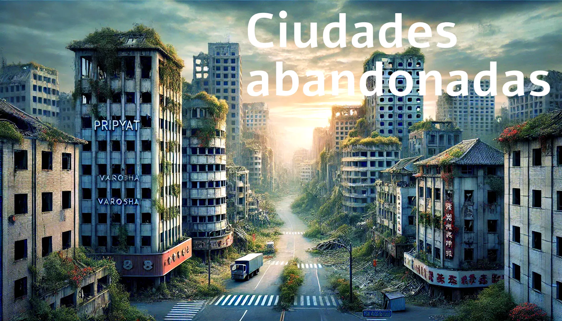 dall·e 2024 11 10 15.22.42 a 16 9 wide image depicting a hauntingly beautiful scene of abandoned cities from around the world. in the foreground, ruins of modern buildings with copia